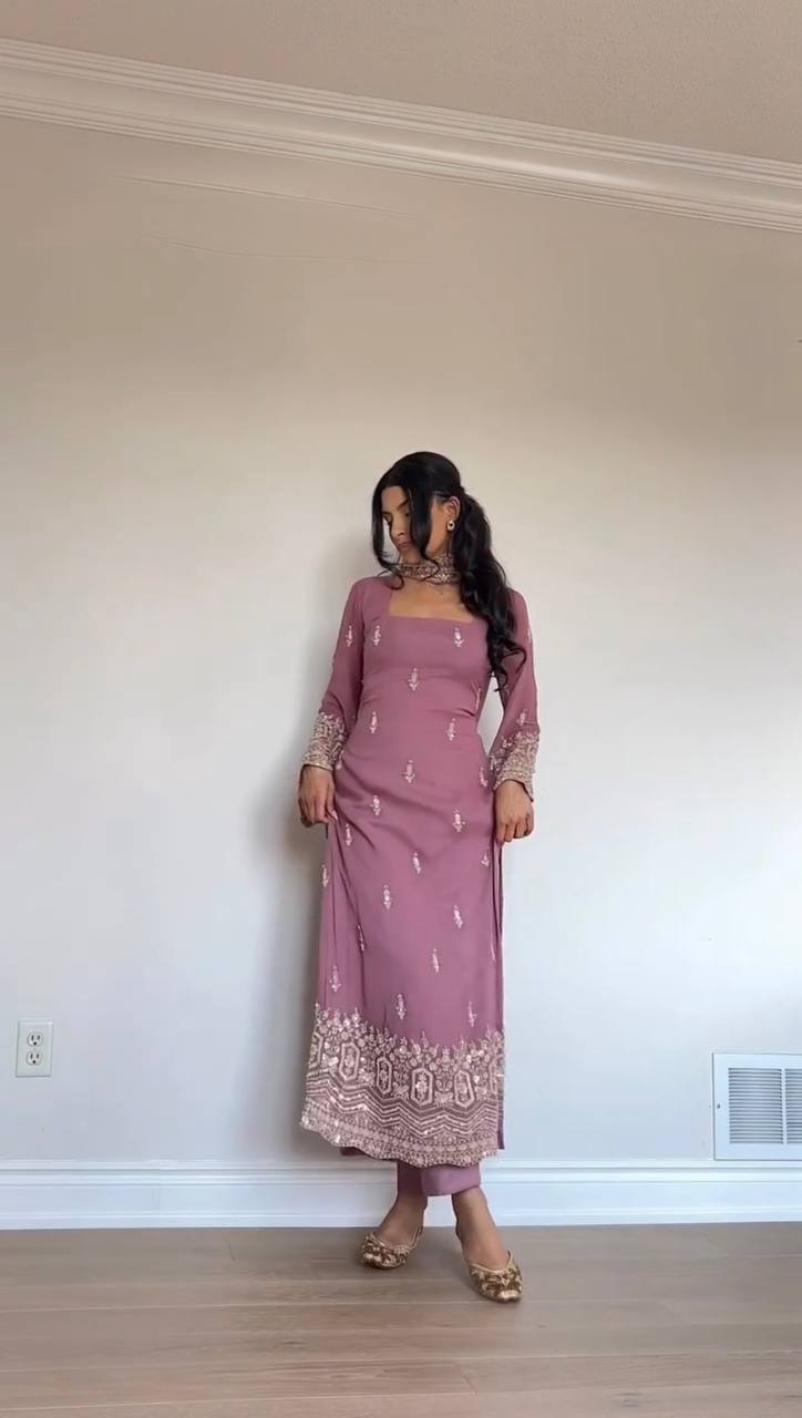 Elegant Faux Georgette Embroidered Straight Kurta Pant Set with Dupatta