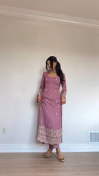 Elegant Faux Georgette Embroidered Straight Kurta Pant Set with Dupatta