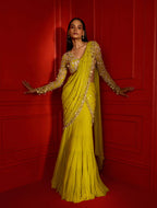 Lemon Lehenga Saree With Beads Hand Work