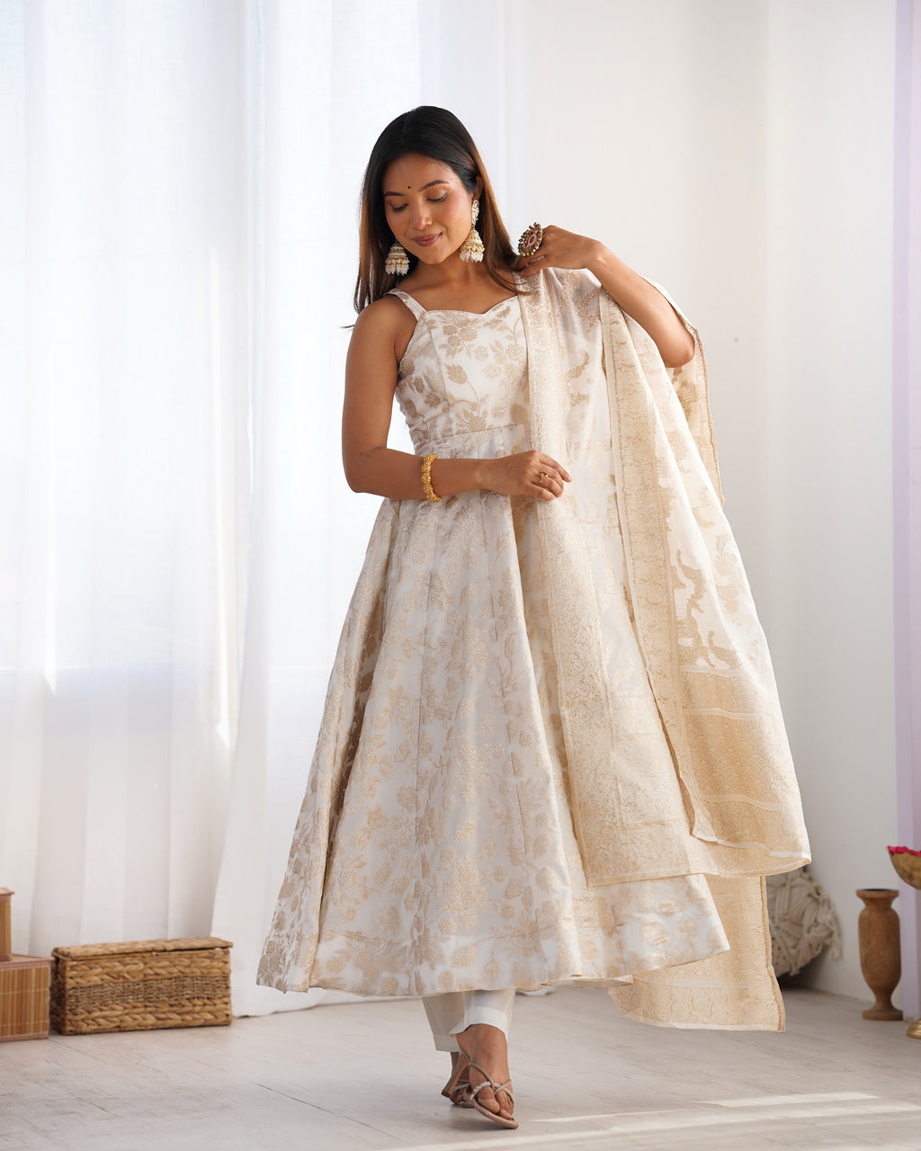 Ivory Banarasi Jacquard Dola Silk Anarkali Suit Set with Dupatta