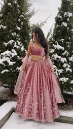 Dusty Rose Japan Satin Designer Lehenga Choli with Coding Dori Sequence Work & Butterfly Net Dupatta