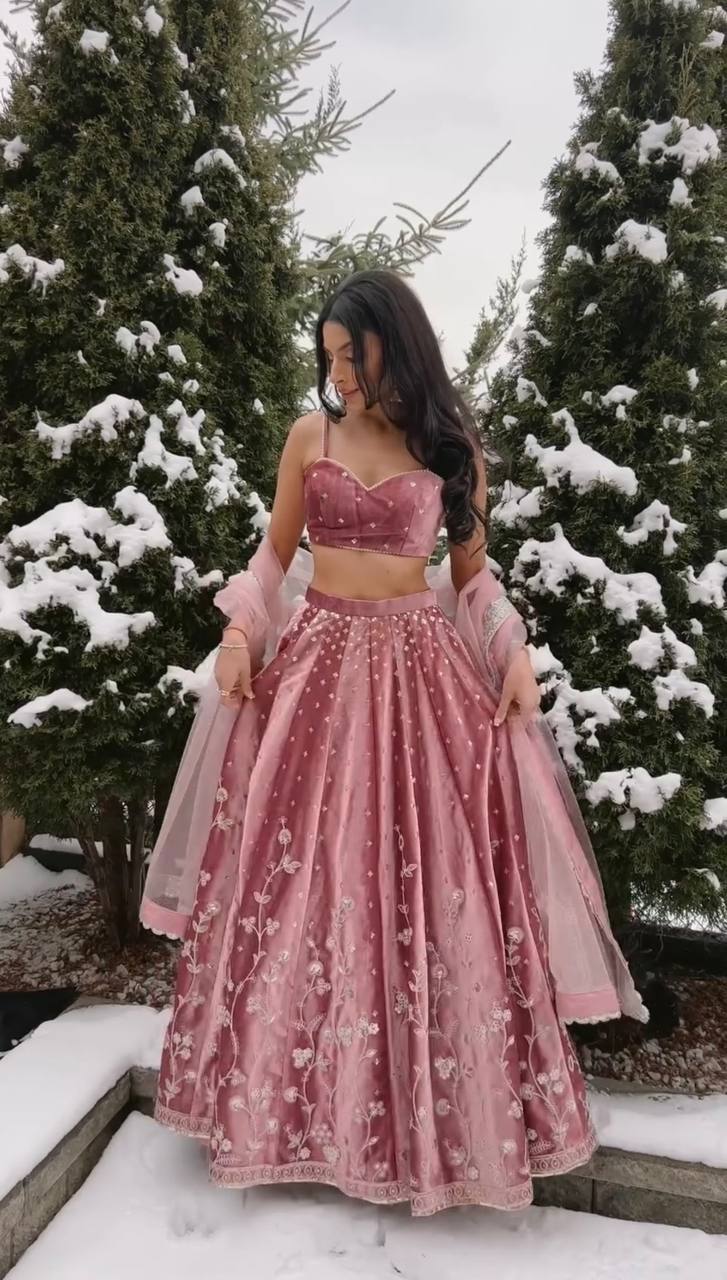 Dusty Rose Japan Satin Designer Lehenga Choli with Coding Dori Sequence Work & Butterfly Net Dupatta