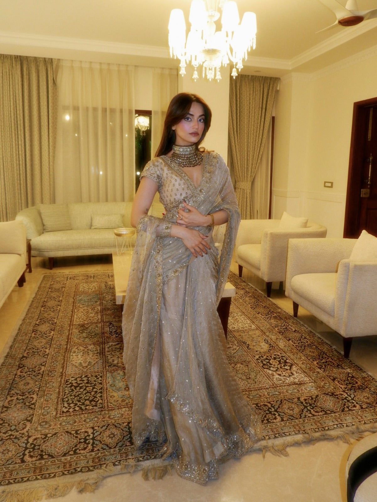 Designer Silver Grey Fandy Silk Lehenga Saree with Embroidery Sequence Work