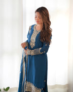 Royal Teal Pure Chinon Silk Embroidered Kurta Set with Dupatta & Trousers