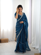 Exquisite Teal Blue Heavy JMC Silk Saree with Thread & Sequins Embroidery