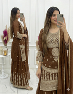 Elegant Chocolate Brown Crunchy Silk Sharara Set with Heavy Dori & Jari Embroidery