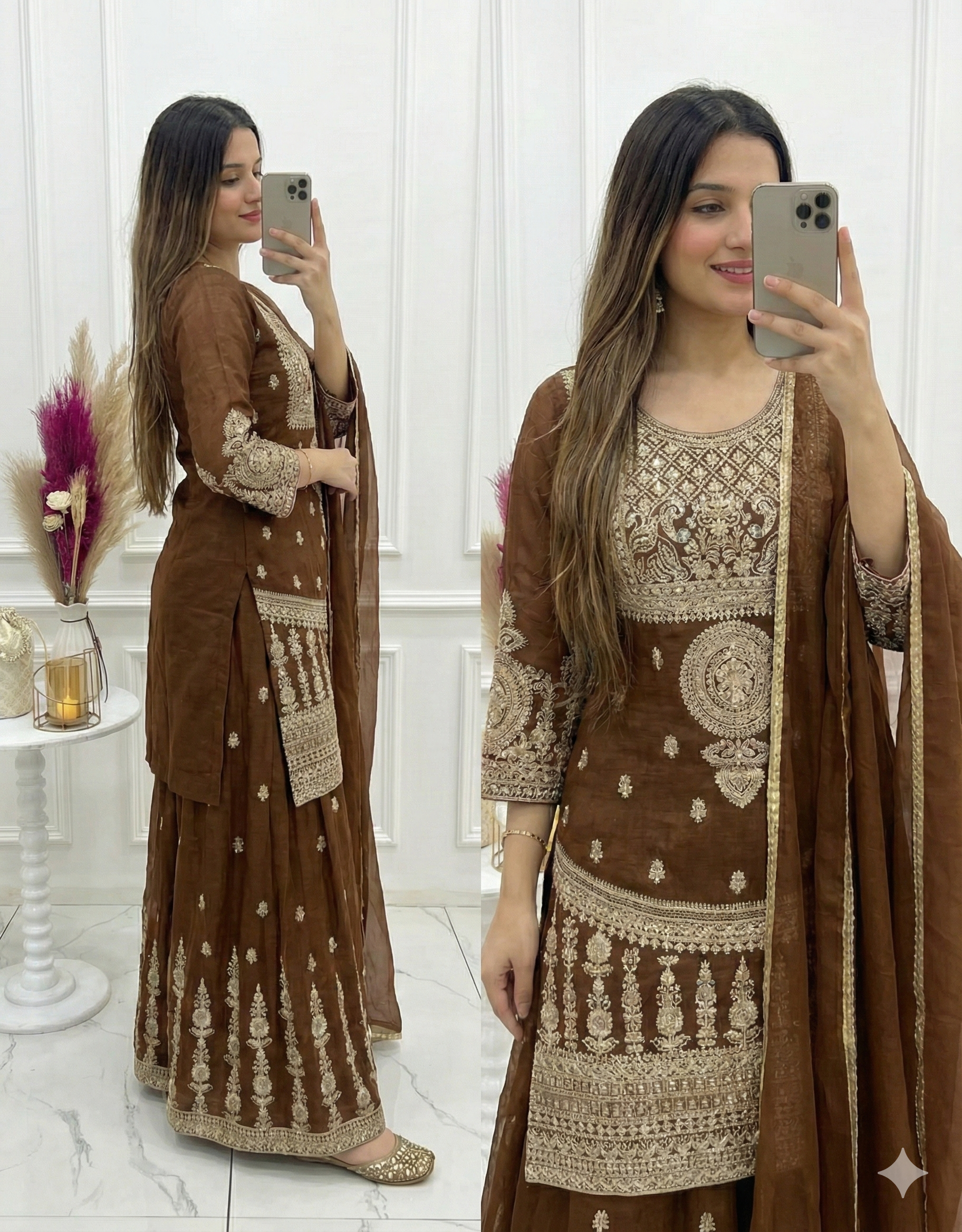 Elegant Chocolate Brown Crunchy Silk Sharara Set with Heavy Dori & Jari Embroidery