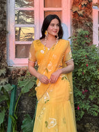 Designer Yellow Soft Georgette Lehenga Saree with Pearl & Floral Print Work