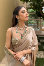 Champagne Beige Satin Silk Saree with Hand Mirror Work Blouse