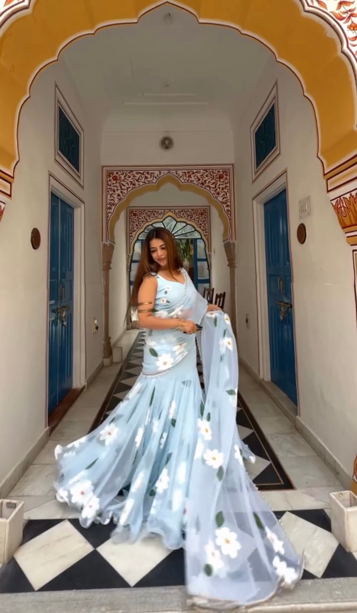 Designer Sky Blue Soft Georgette Ready-to-Wear Lehenga Saree with Floral Print & Pearl Lace Border