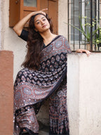 Ajrakh Modal Silk Saree for Women | Real Mirror Work Traditional Printed Saree with Unstitched Blouse| Perfect for Party’s, Wedding And Festival