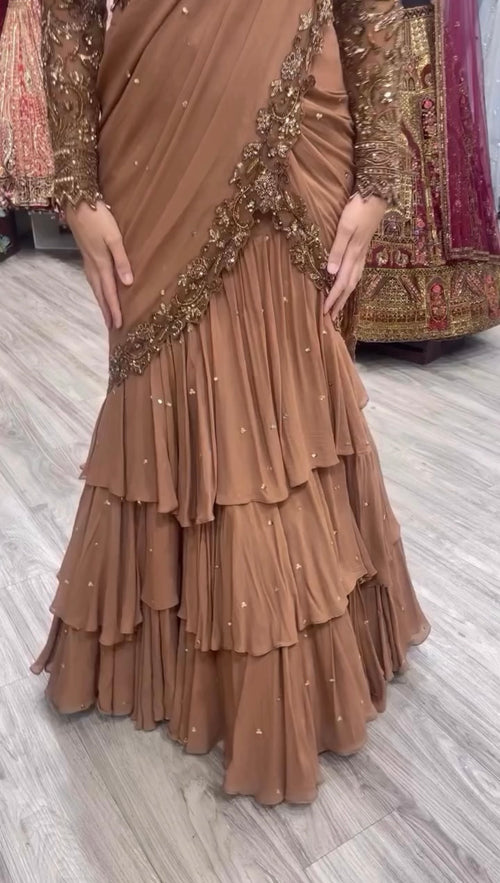 Brown Georgette Ready-to-Wear Lehenga Saree with Beads Work