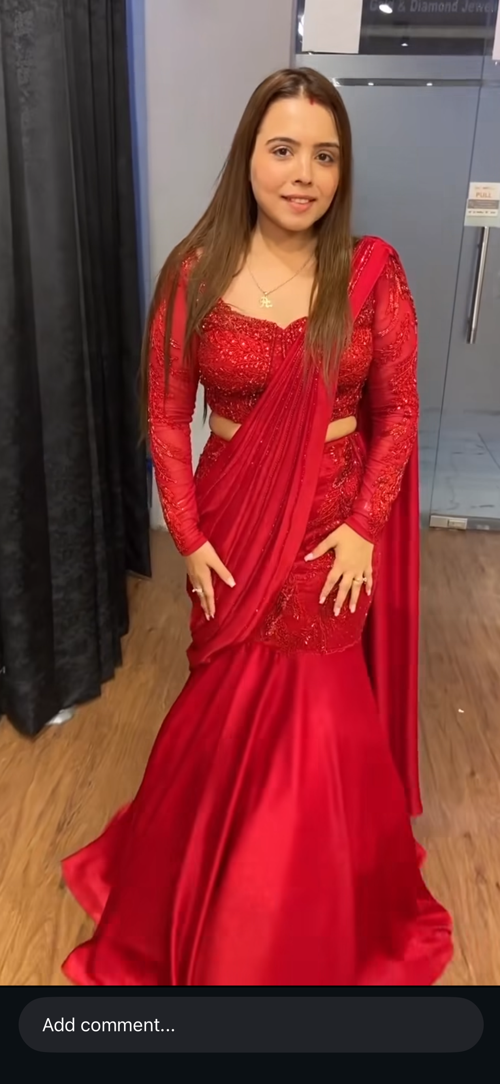 Designer Red Ready-to-Wear Satin Silk Saree with Embroidery & Sequence Work