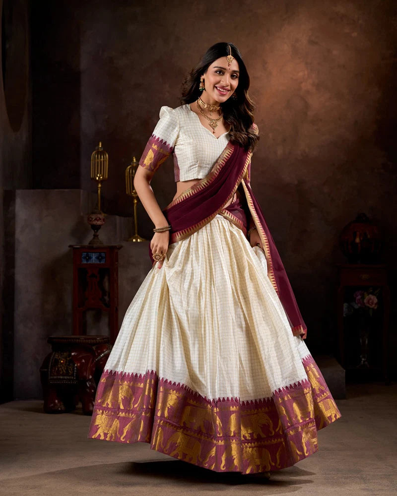 White & Maroon Checks Lehenga Choli with Zari Weaving Work