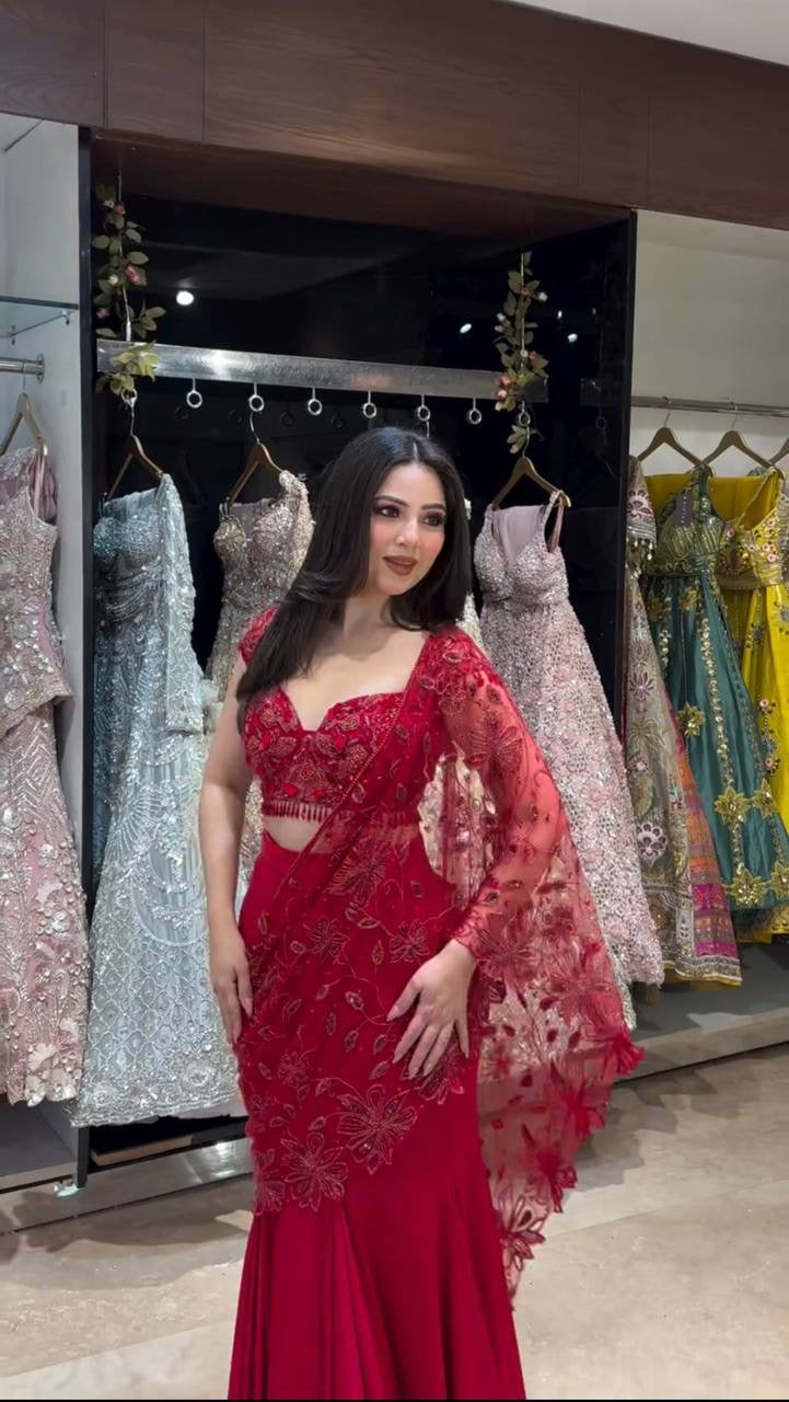 Elegant Red Ready-to-Wear Lehenga Saree with Sequins Embroidery & Designer Choli