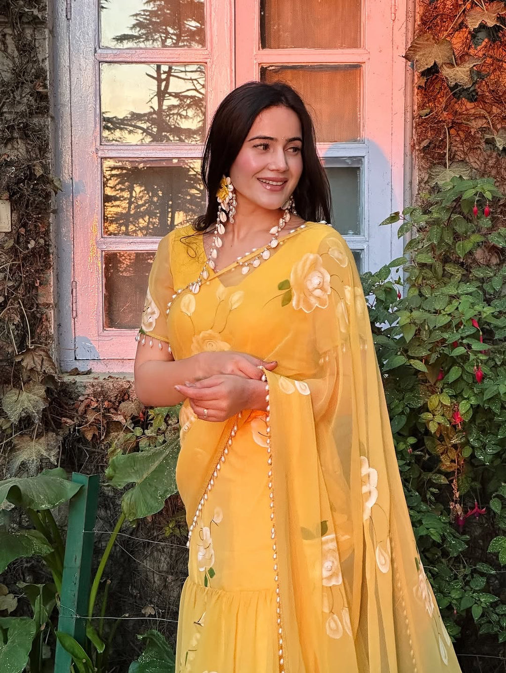 Designer Yellow Soft Georgette Lehenga Saree with Pearl & Floral Print Work