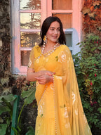 Designer Yellow Soft Georgette Lehenga Saree with Pearl & Floral Print Work