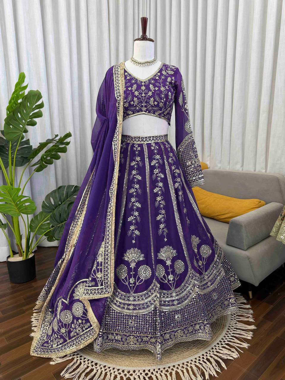 Royal Purple Faux Georgette Heavy Embroidered Lehenga Choli Set with Dupatta