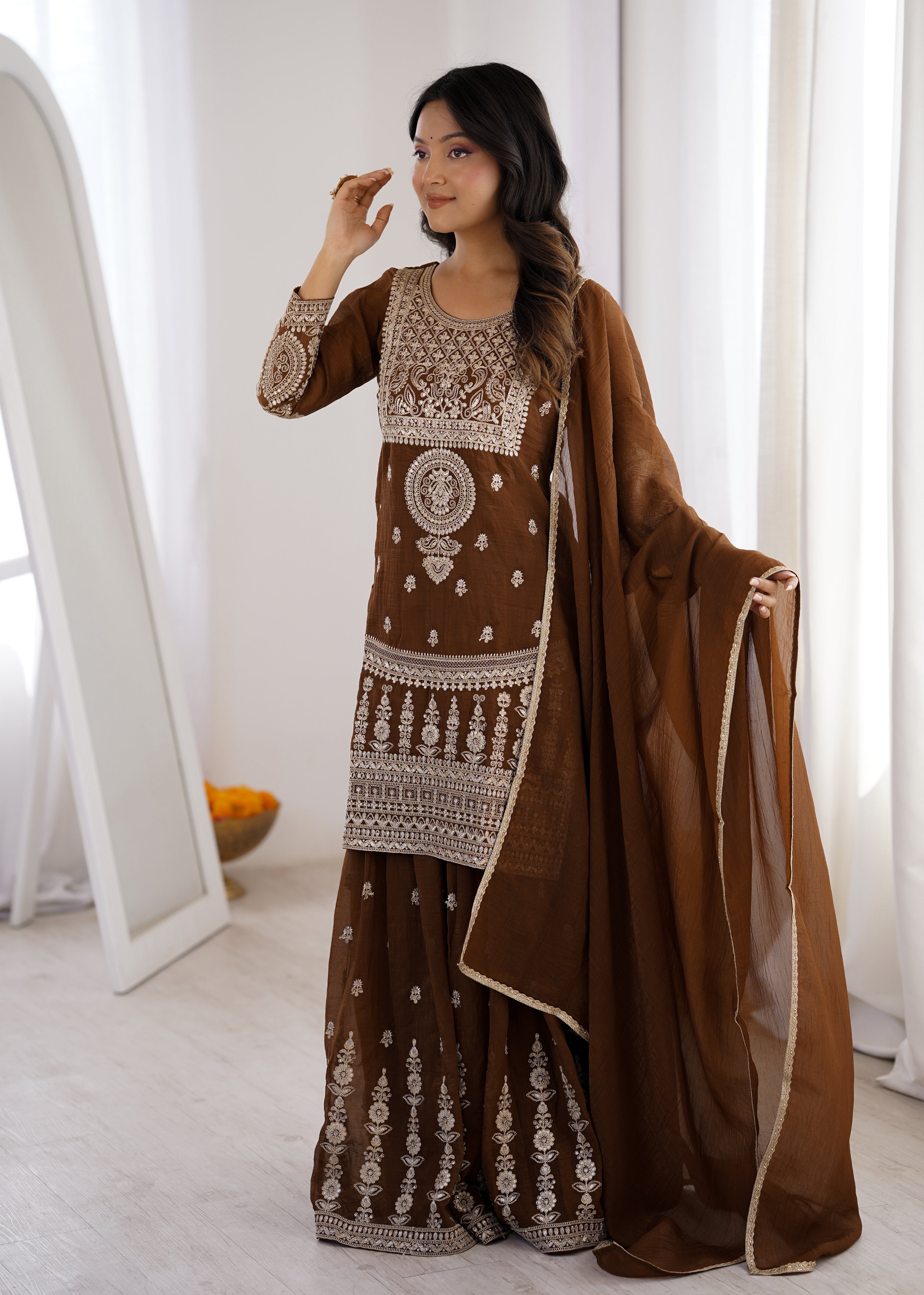 Elegant Chocolate Brown Crunchy Silk Sharara Set with Heavy Dori & Jari Embroidery