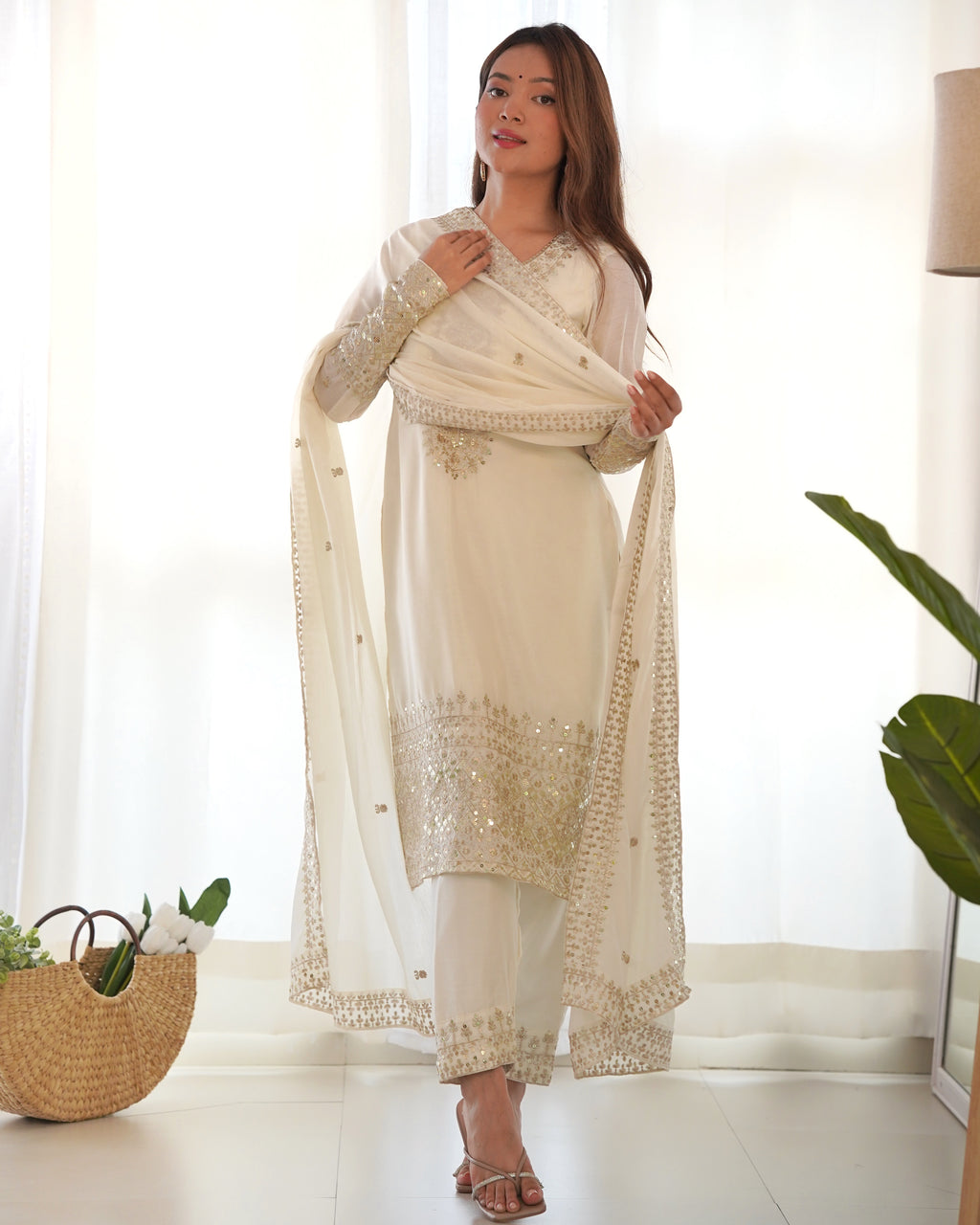 Ivory Pure Chinon Silk Straight Fit Kurta Set with Embroidery, Zari Work & Dupatta – Ready to Wear