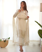 Ivory Pure Chinon Silk Straight Fit Kurta Set with Embroidery, Zari Work & Dupatta – Ready to Wear