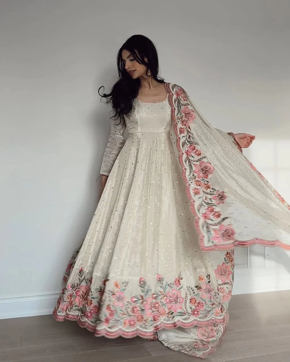 Elegant Off-White Vichitra Silk Anarkali Gown with Floral Sequin Embroidery