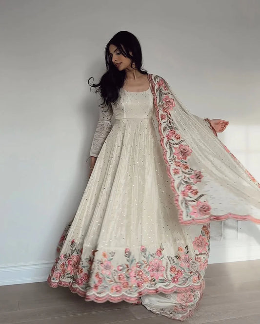 Elegant Off-White Vichitra Silk Anarkali Gown with Floral Sequin Embroidery