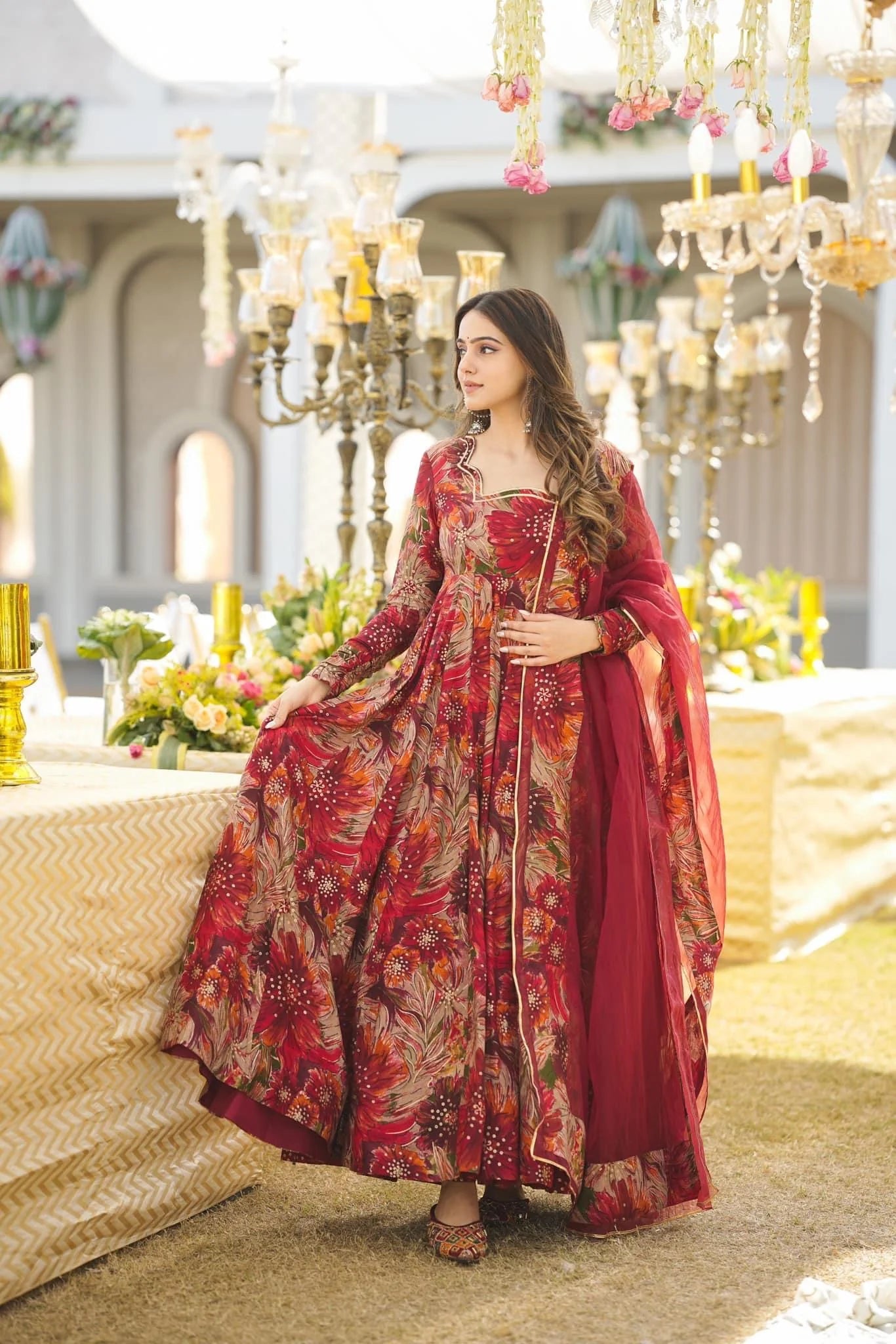 Wine Red Floral Printed Soft Georgette Anarkali Suit Set with Organza Dupatta