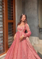 Dusty Rose Embroidered Slit Anarkali Suit Set with Dupatta