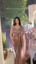 Golden Sequin Embroidered Soft Net Saree with Unstitched Blouse