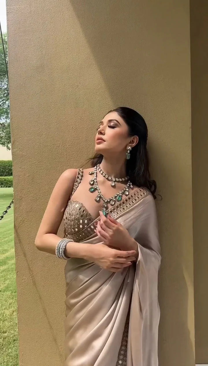Champagne Beige Satin Silk Saree with Hand Mirror Work Blouse