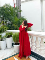 Red Anarkali Suit with Handwork & Pearl Work