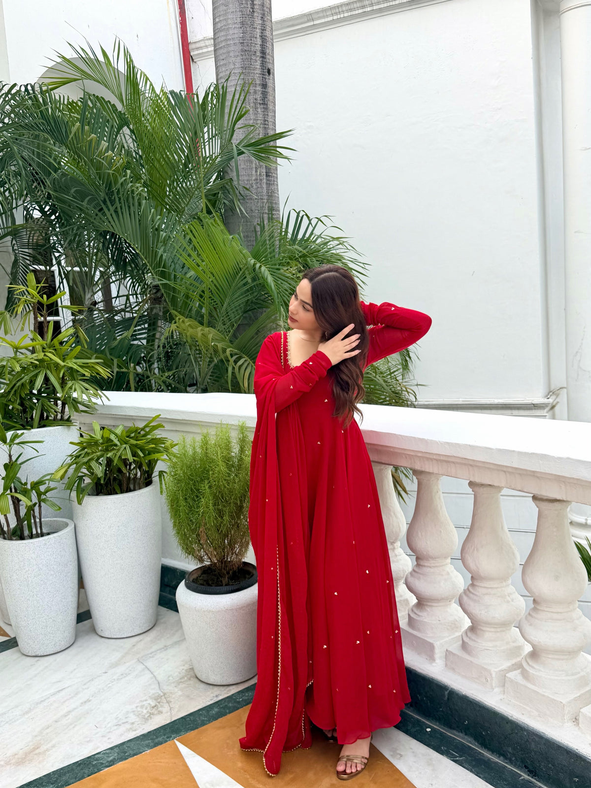 Red Anarkali Suit with Handwork & Pearl Work