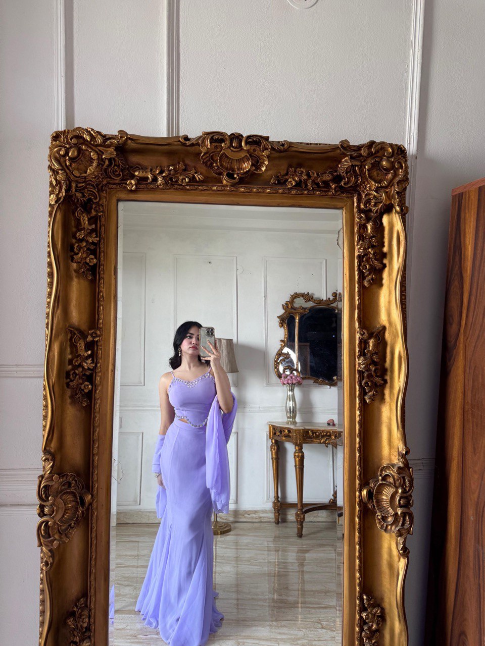 Lavender Georgette Fishcut Lehenga Set with Diamond Work Blouse & Dupatta