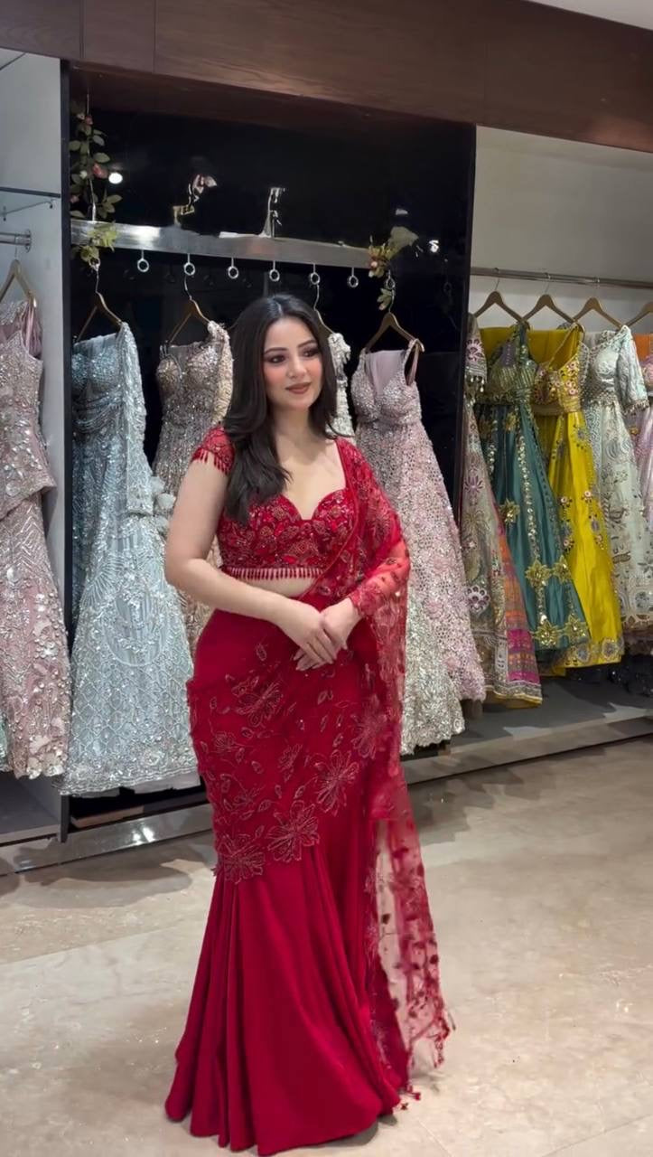 Elegant Red Ready-to-Wear Lehenga Saree with Sequins Embroidery & Designer Choli