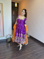 Royal Purple Heavy Silk Embroidered Anarkali Suit Set with Organza Dupatta (3-Piece)