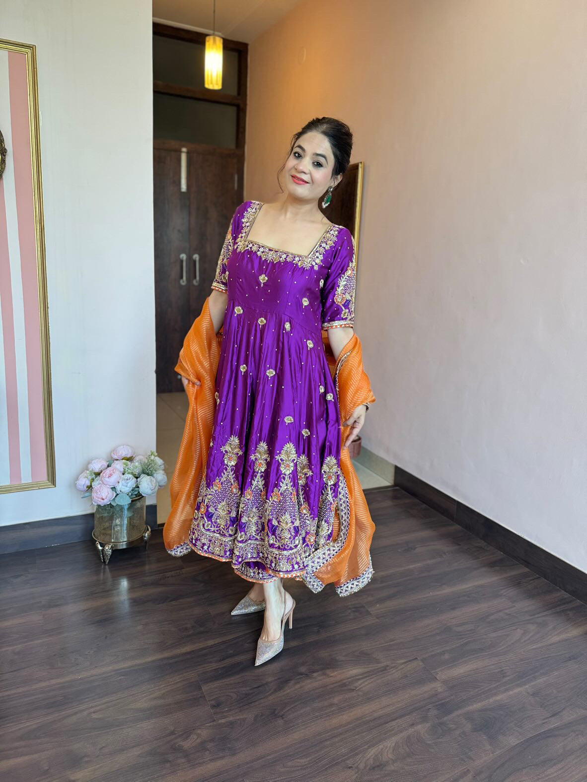 Royal Purple Heavy Silk Embroidered Anarkali Suit Set with Organza Dupatta (3-Piece)