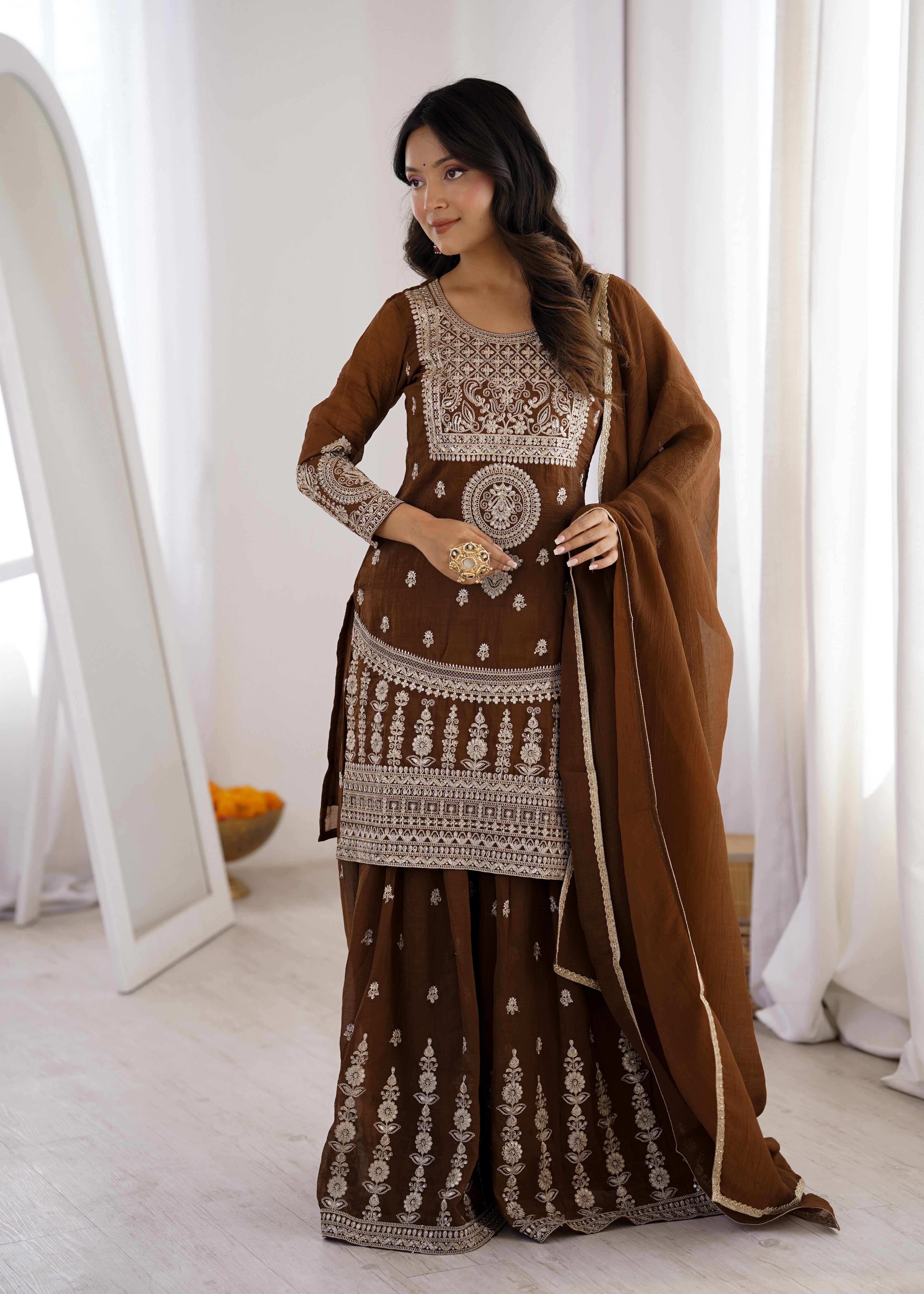 Elegant Chocolate Brown Crunchy Silk Sharara Set with Heavy Dori & Jari Embroidery