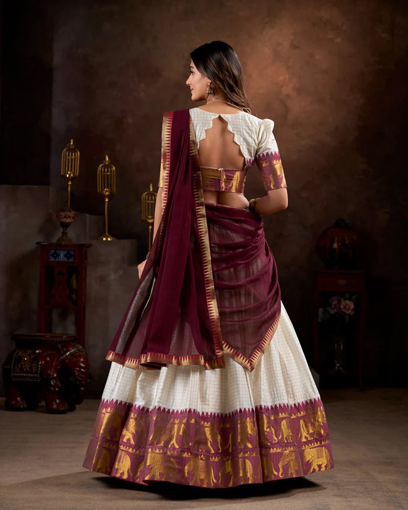 White & Maroon Checks Lehenga Choli with Zari Weaving Work