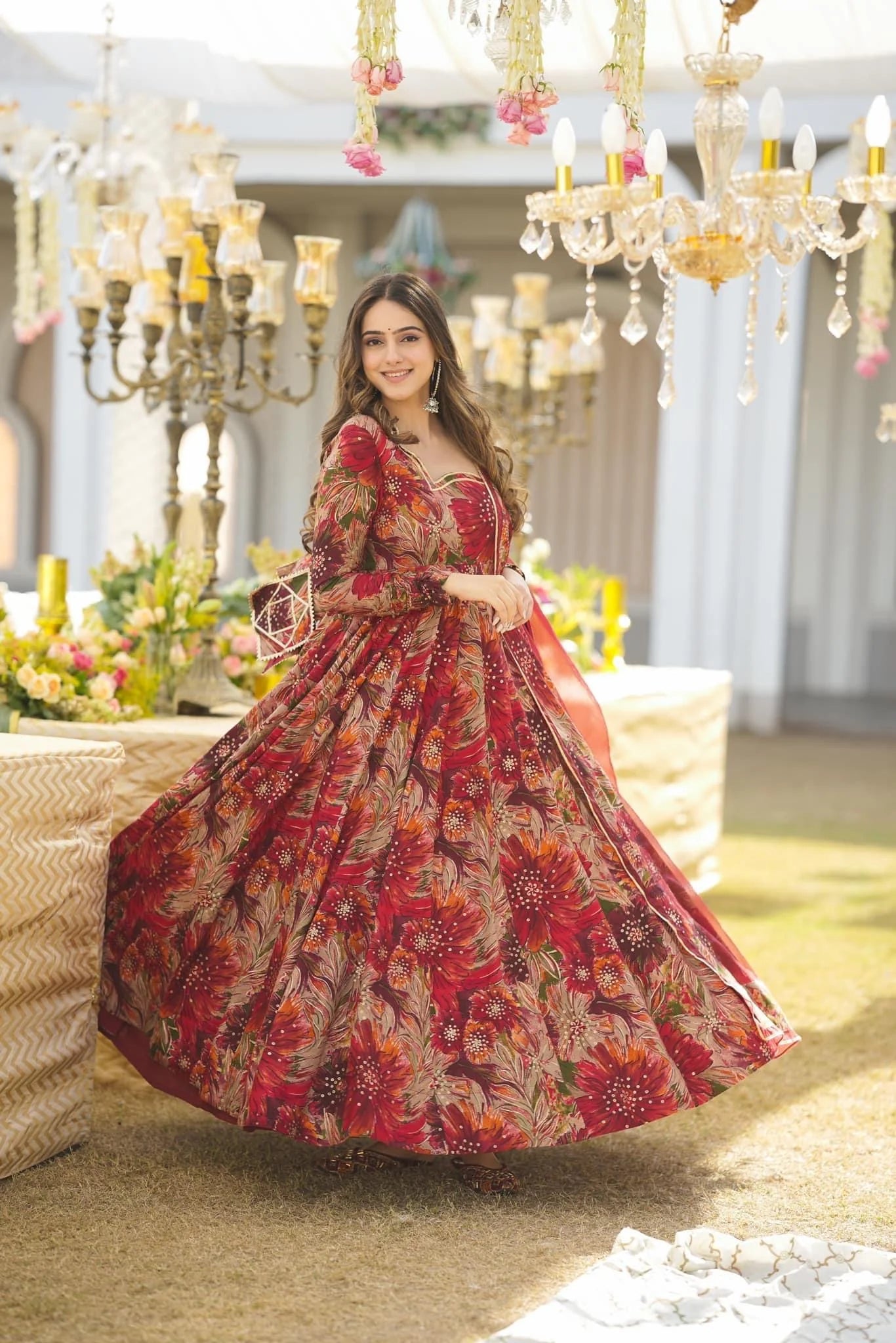 Wine Red Floral Printed Soft Georgette Anarkali Suit Set with Organza Dupatta