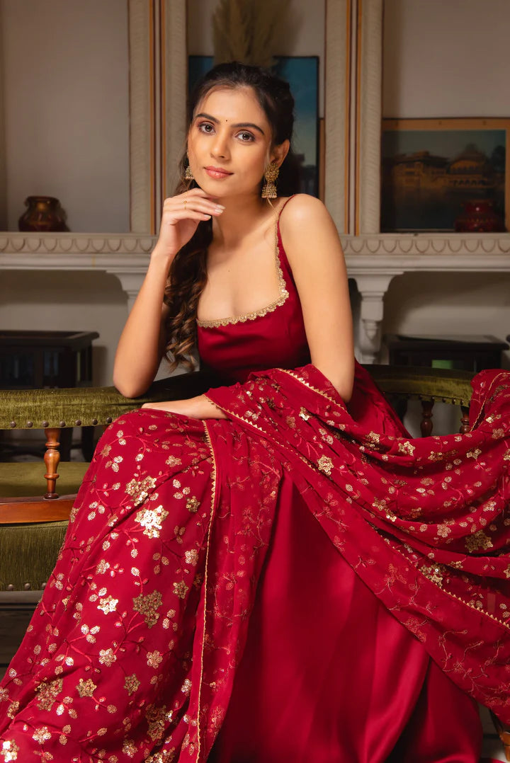Elegant Soft Georgette Anarkali Gown Set with Sequins Dupatta & Pants