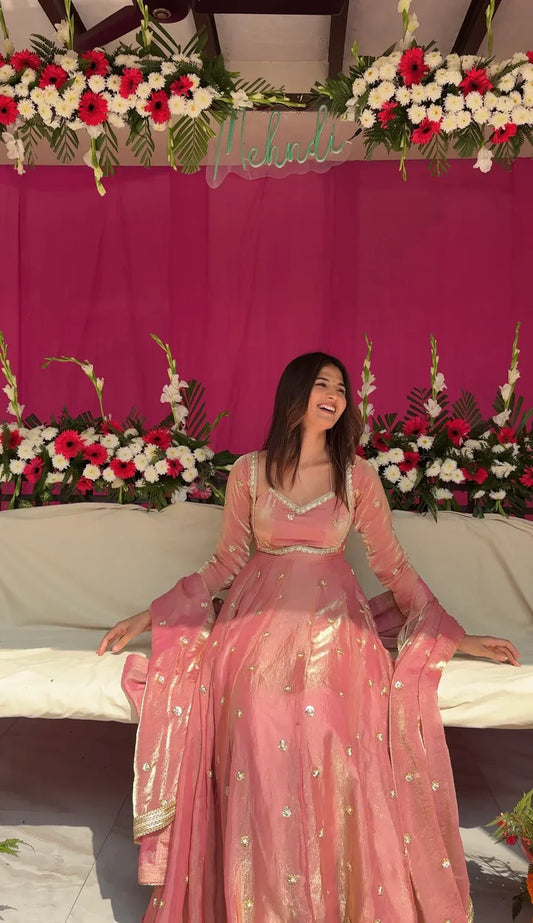 Dusty Rose Embroidered Slit Anarkali Suit Set with Dupatta