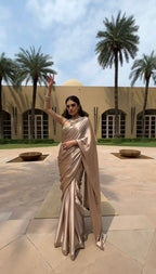 Champagne Beige Satin Silk Saree with Hand Mirror Work Blouse