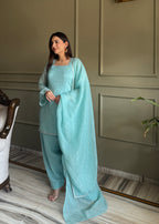 Aqua Blue Crunchy Silk Farshi Salwar Suit with Swarovski Work & Dupatta