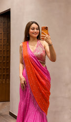 Pink & Orange Fish Cut Lehenga Saree with Real Mirror Work