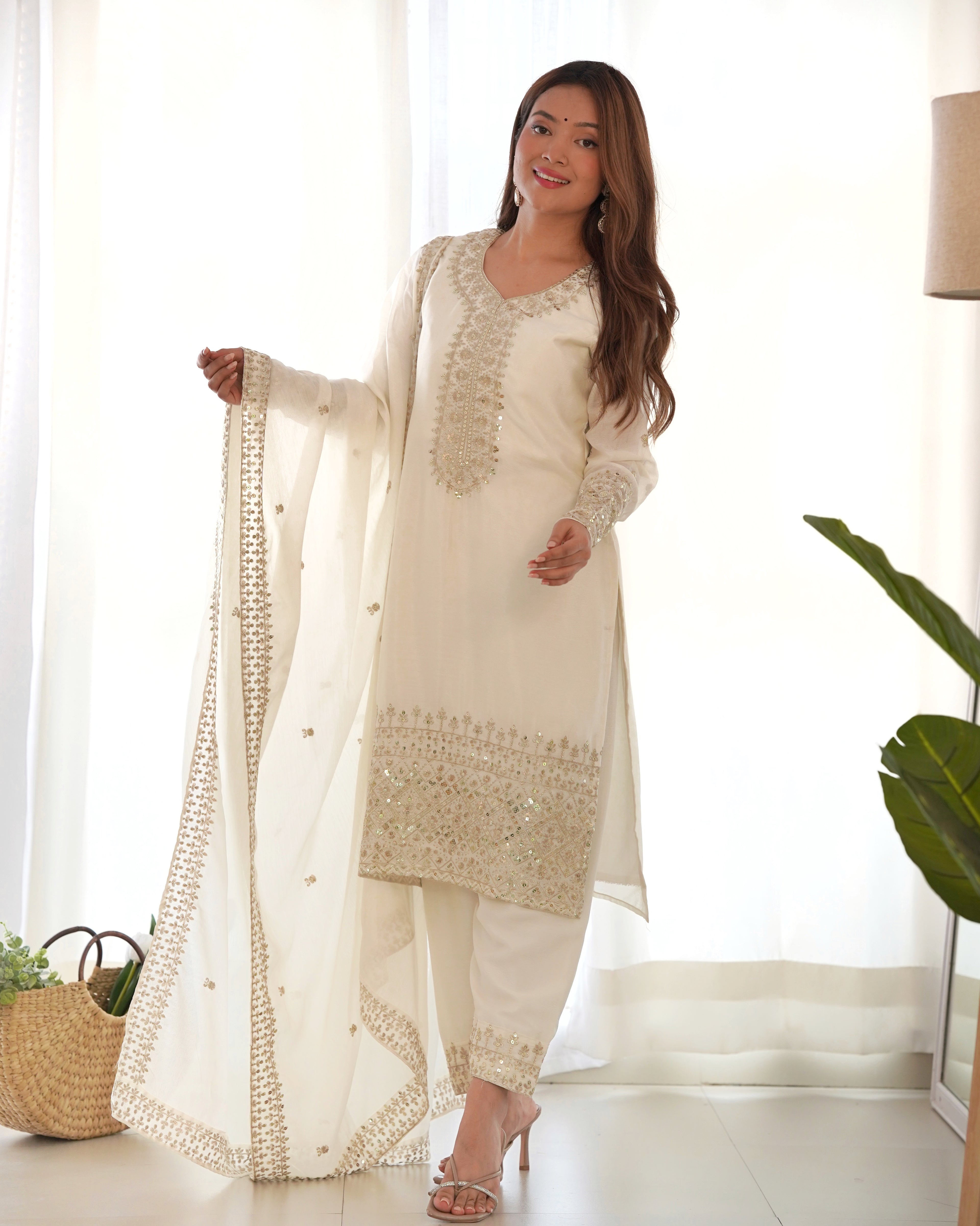 Ivory Pure Chinon Silk Straight Fit Kurta Set with Embroidery, Zari Work & Dupatta – Ready to Wear