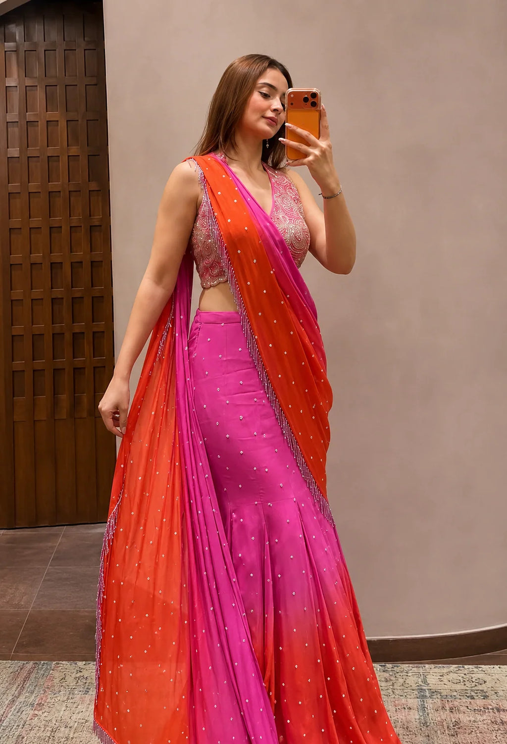 Pink & Orange Fish Cut Lehenga Saree with Real Mirror Work