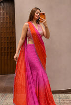 Pink & Orange Fish Cut Lehenga Saree with Real Mirror Work