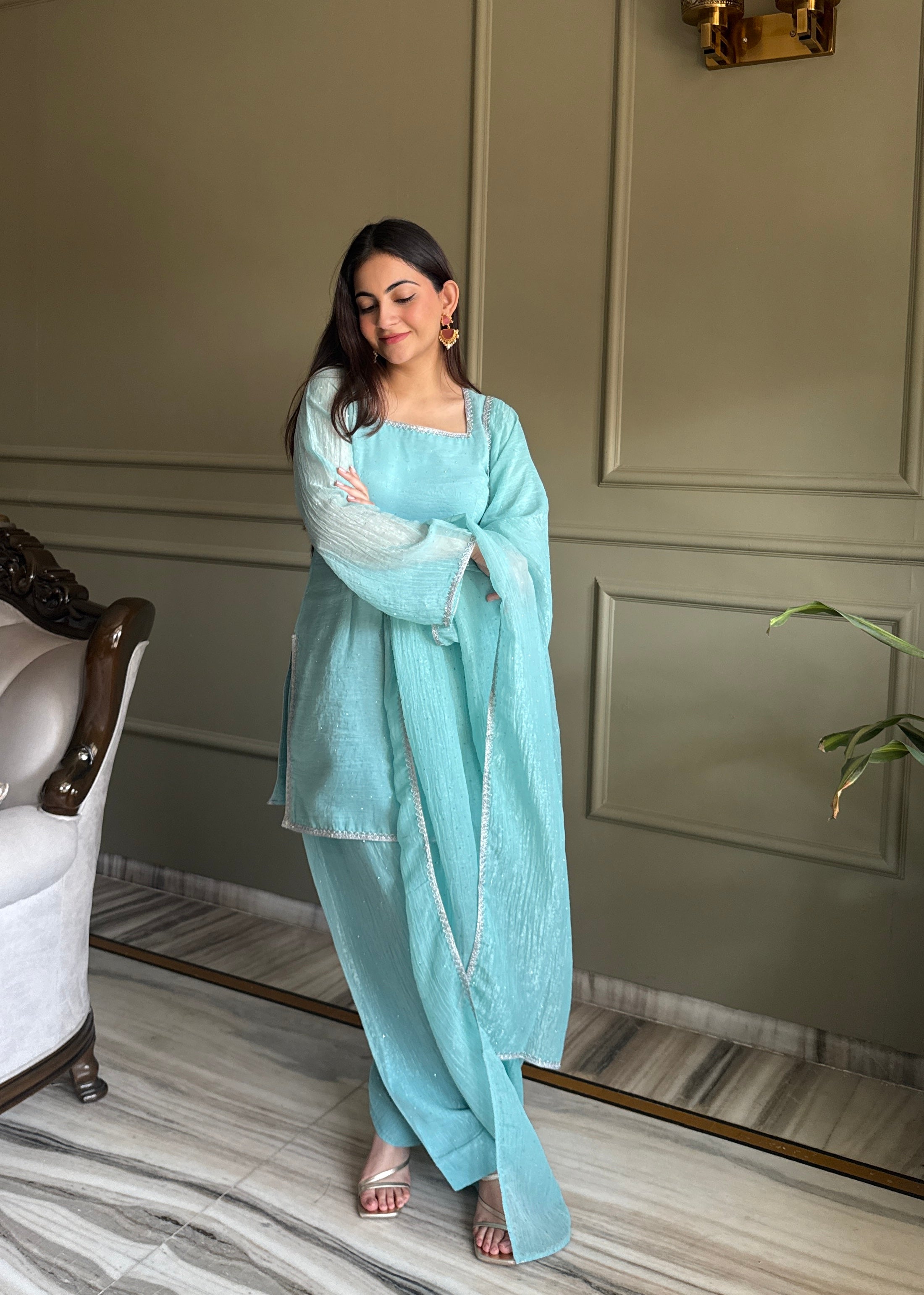 Aqua Blue Crunchy Silk Farshi Salwar Suit with Swarovski Work & Dupatta