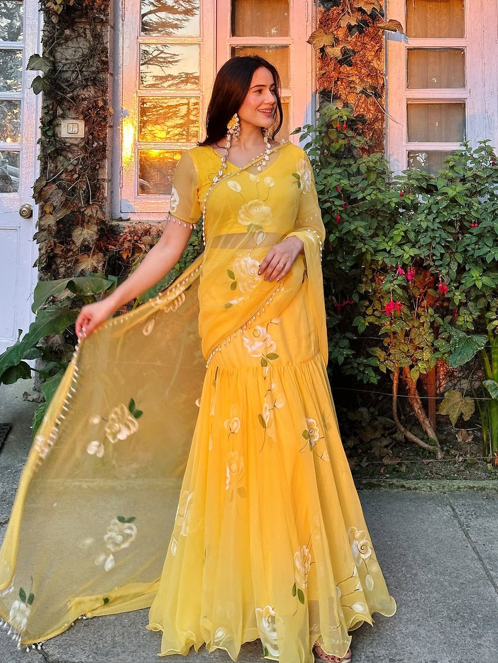 Designer Yellow Soft Georgette Lehenga Saree with Pearl & Floral Print Work